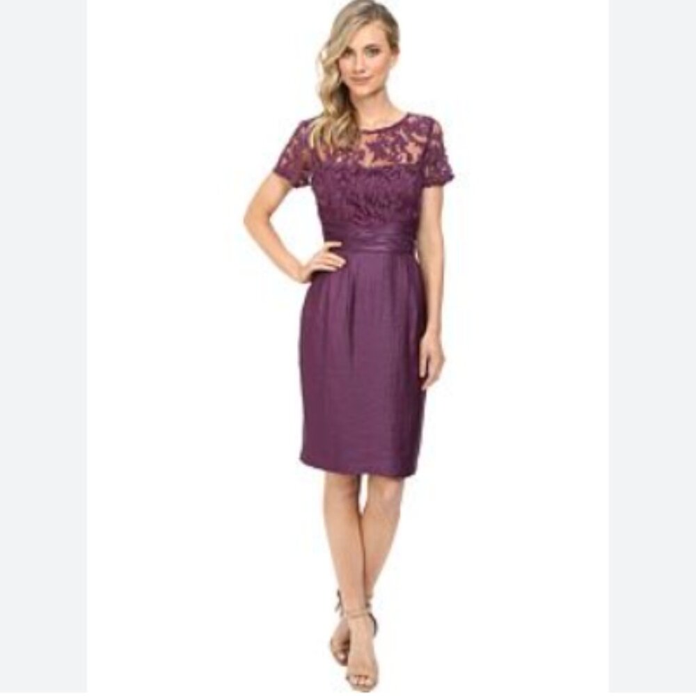 NWT Adrianna Papell Purple Pleated Waist Lace Top Sheath Dress Cocktail Mini 4